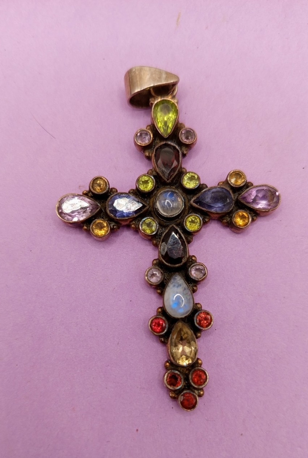 NO TARIFFS Sterling Silver 925 Multi Gemstone Peridot Opal Cross Pendant Vintage
