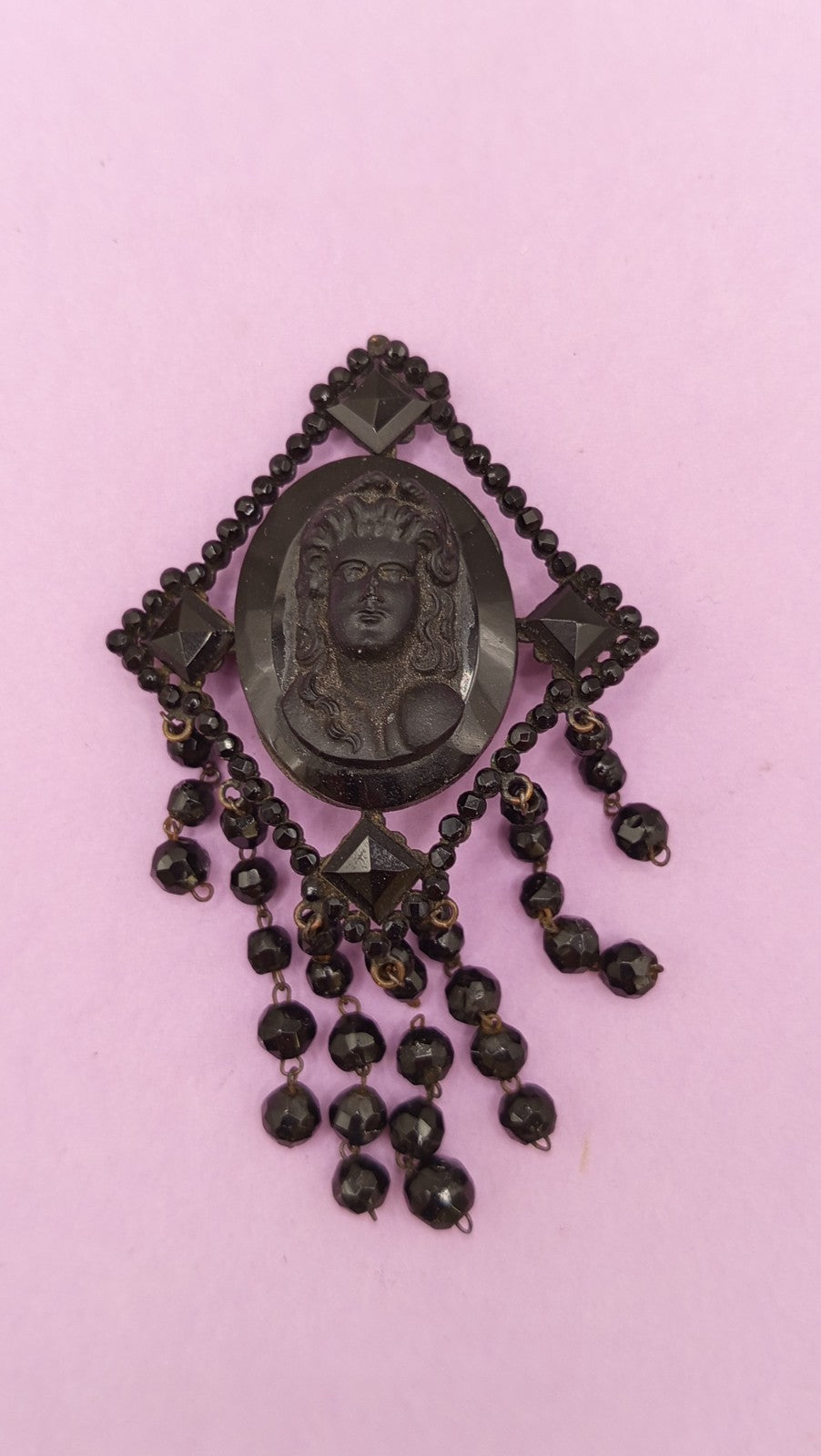 NO TARIFFS Antique Jet Mourning Cameo Brooch Dangling Beads Victorian
