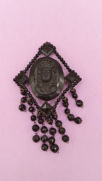 NO TARIFFS Antique Jet Mourning Cameo Brooch Dangling Beads Victorian