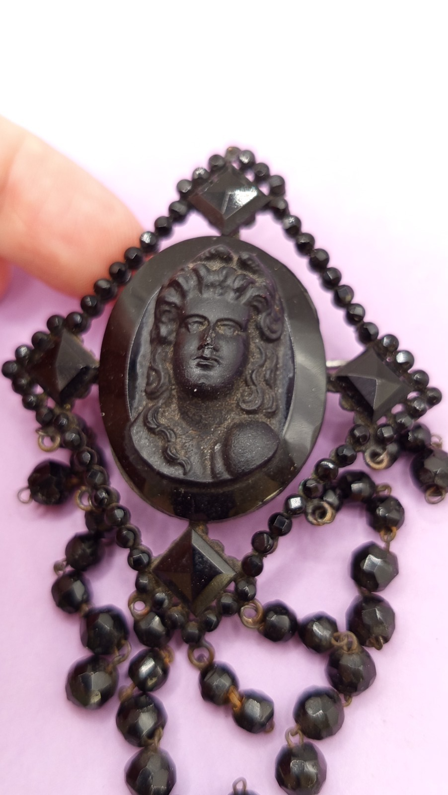 NO TARIFFS Antique Jet Mourning Cameo Brooch Dangling Beads Victorian
