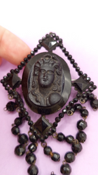 NO TARIFFS Antique Jet Mourning Cameo Brooch Dangling Beads Victorian