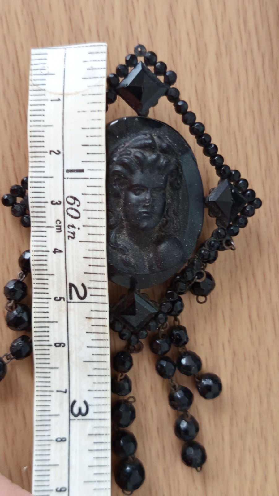 NO TARIFFS Antique Jet Mourning Cameo Brooch Dangling Beads Victorian