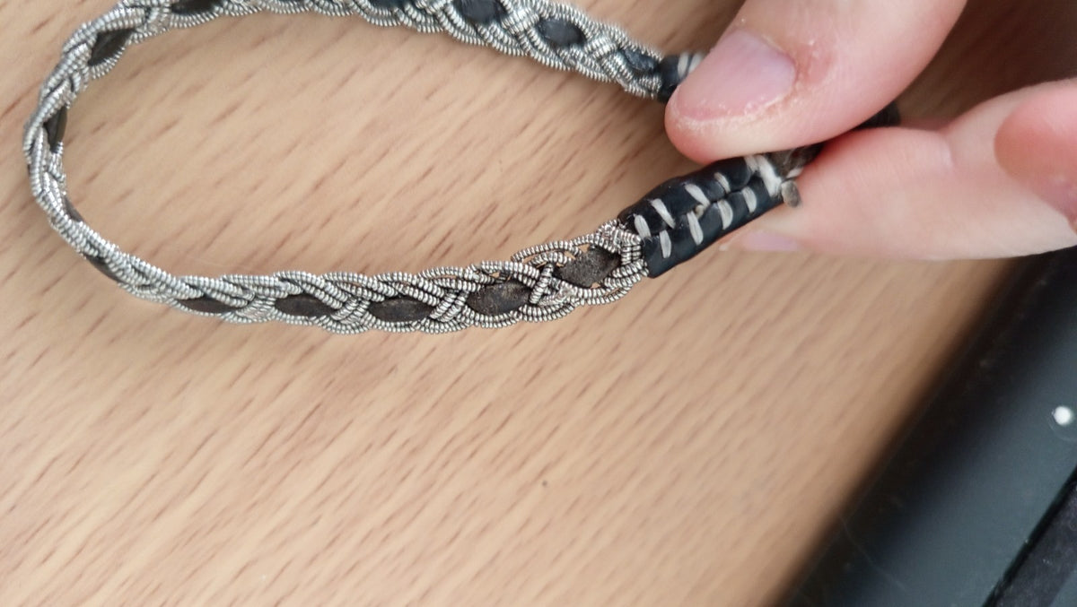NO TARIFF Vintage Sami Bracelet Handmade Scandinavia Norway Pewter Leather 6.5"