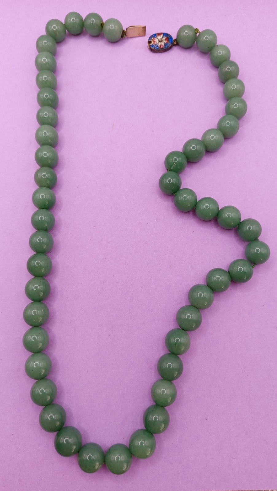 Vintage Green Aventurine Bead Necklace Cloisonne Clasp Chinese Export
