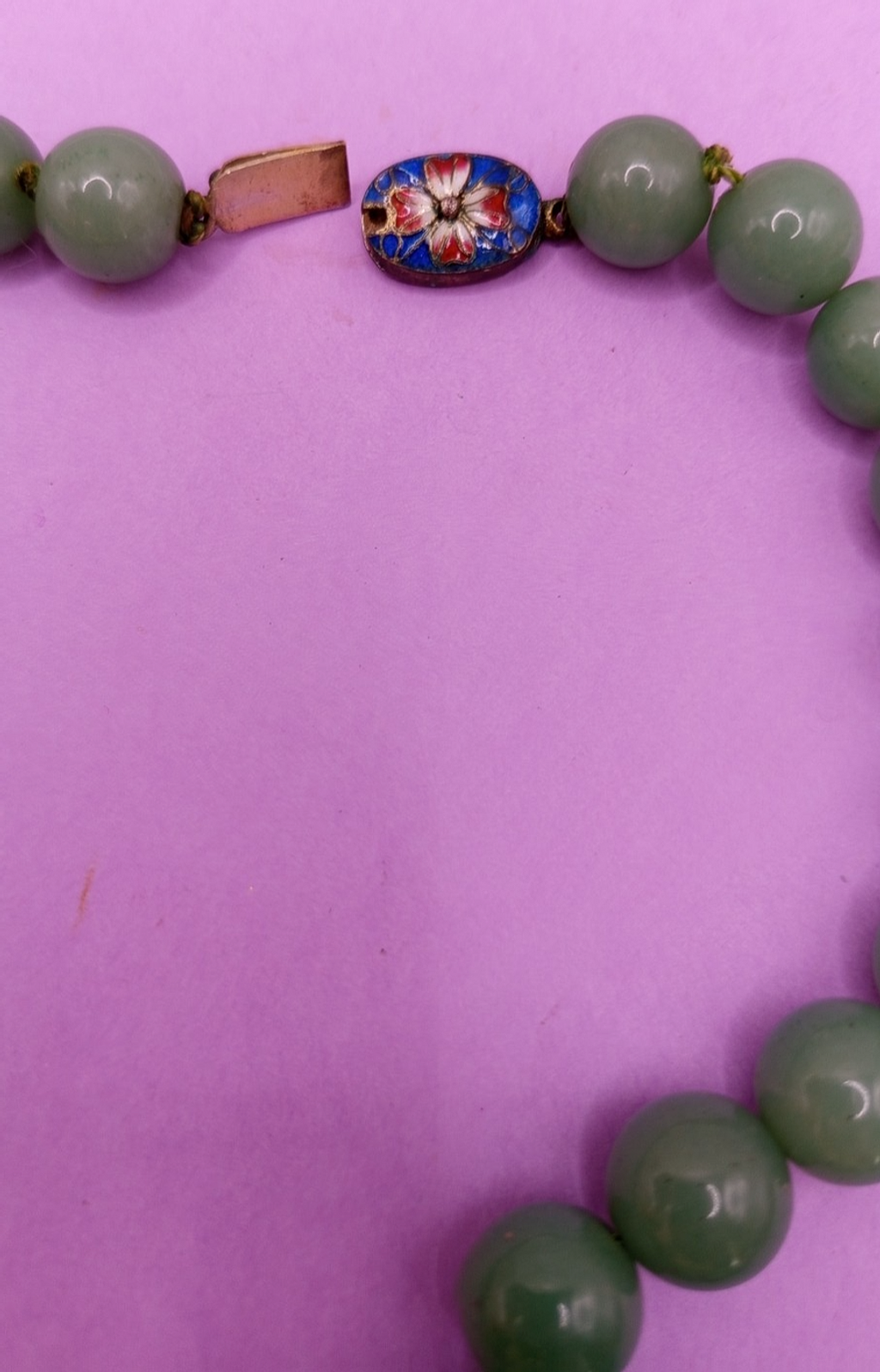 Vintage Green Aventurine Bead Necklace Cloisonne Clasp Chinese Export