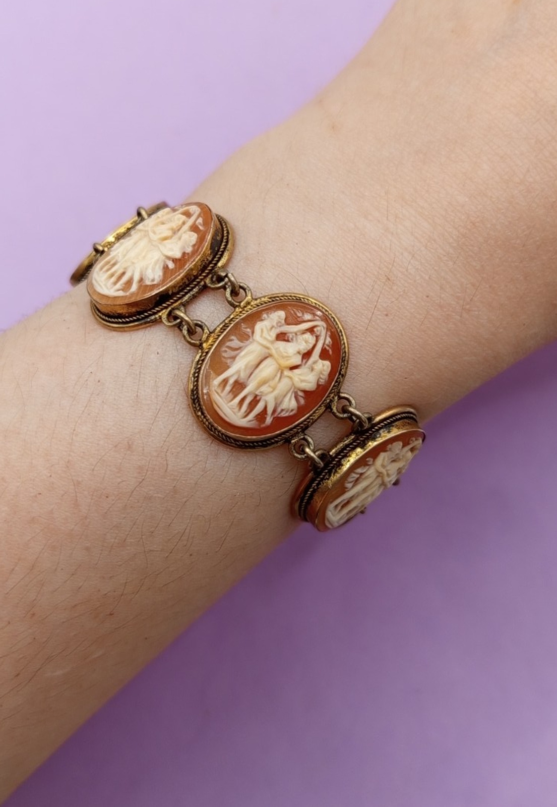 NO TARIFFS Antique Gilt Silver Cameo Bracelet Three Graces US 6.25"