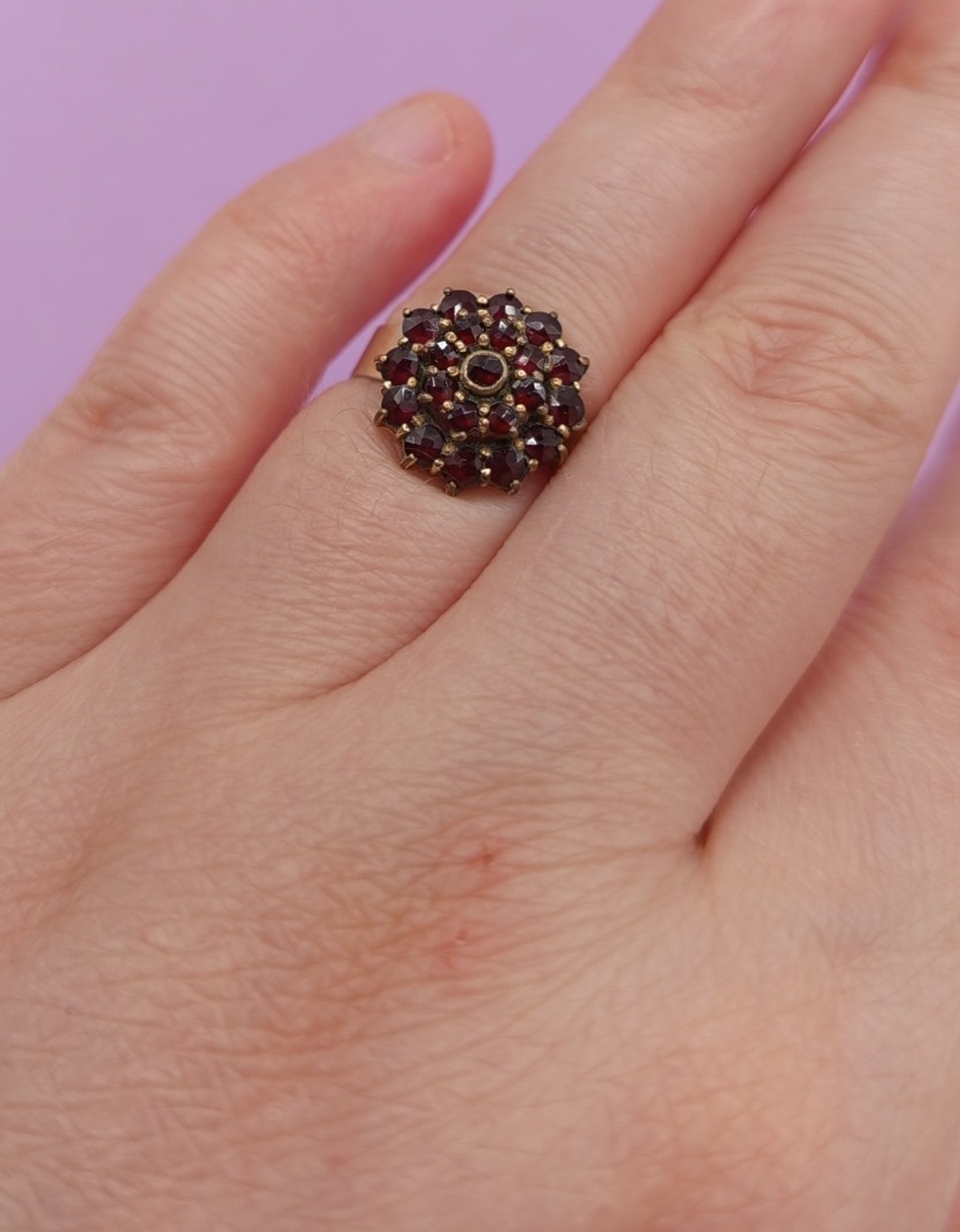 NO TARIFF Antique Bohemian Garnet Silver Ring Vintage Small 1 6/8"