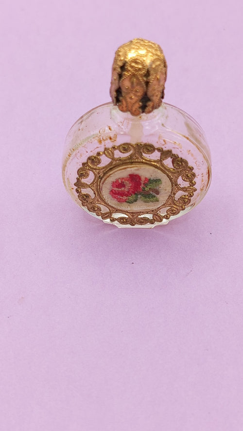 NO TARIFF Vintage Miniature Petit Point Perfume bottle Filigree Stopper Antique