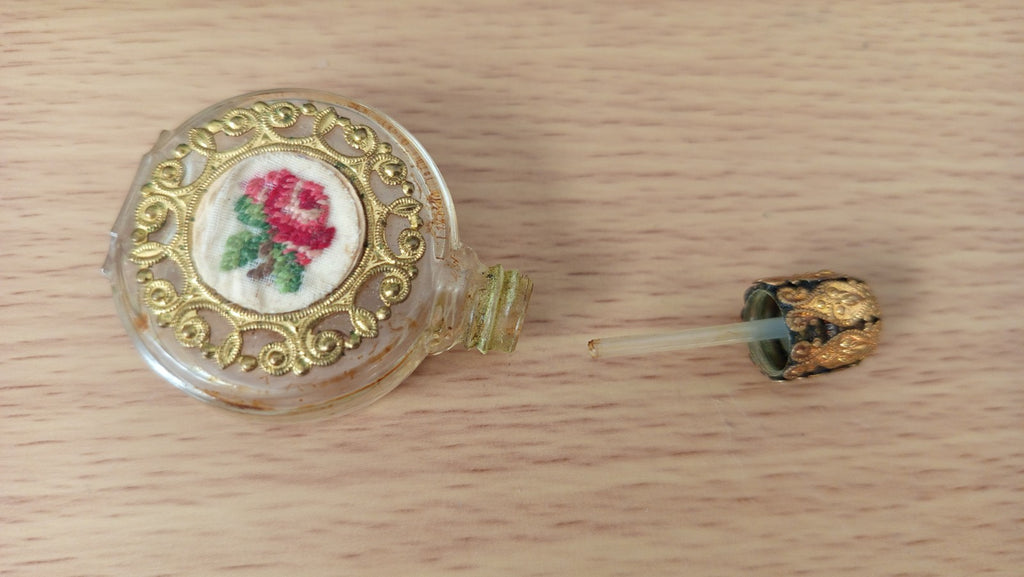 NO TARIFF Vintage Miniature Petit Point Perfume bottle Filigree Stopper Antique