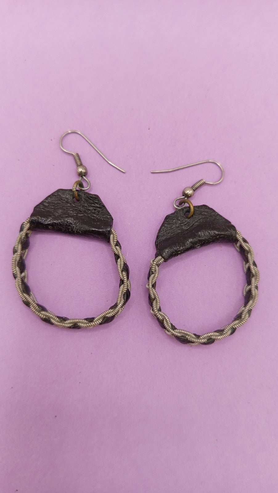 NO TARIFF Vintage Sami Hoop Earrings Handmade Scandinavia Norway Pewter Leather