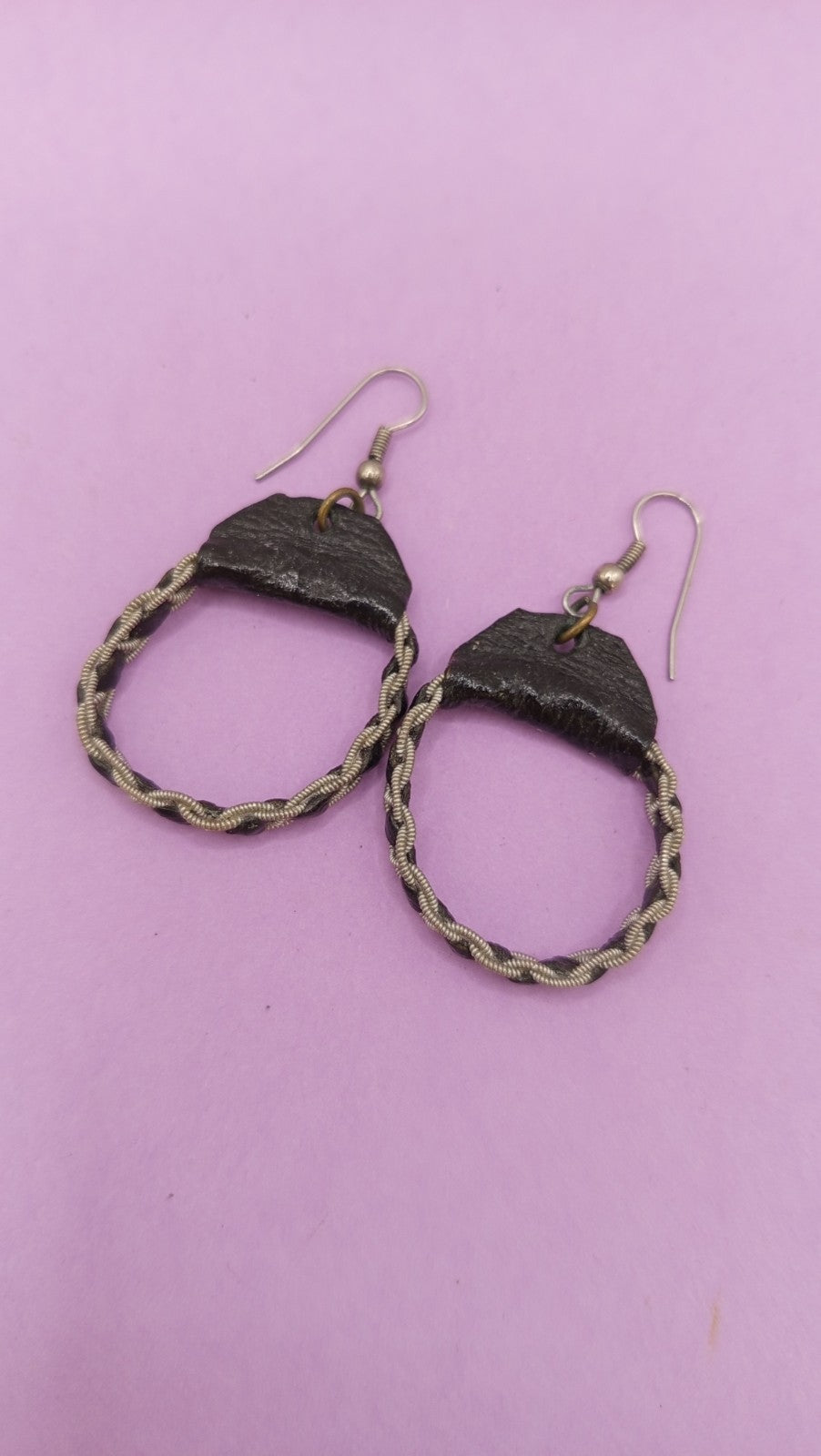NO TARIFF Vintage Sami Hoop Earrings Handmade Scandinavia Norway Pewter Leather