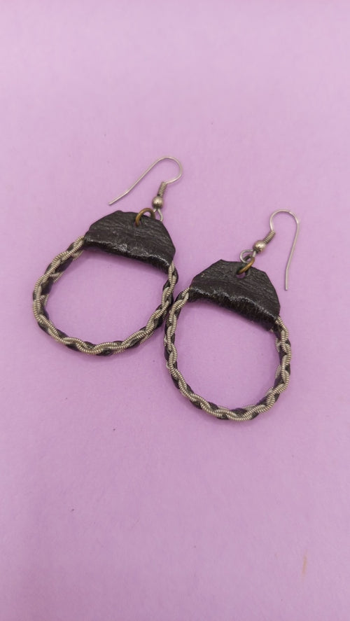 NO TARIFF Vintage Sami Hoop Earrings Handmade Scandinavia Norway Pewter Leather