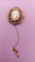 NO TARIFFS Antique 9K Gold Cameo Brooch w/ Security Chain Victorian